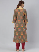 Women Taupe Yellow Floral Printed Kurta With Lace Detail